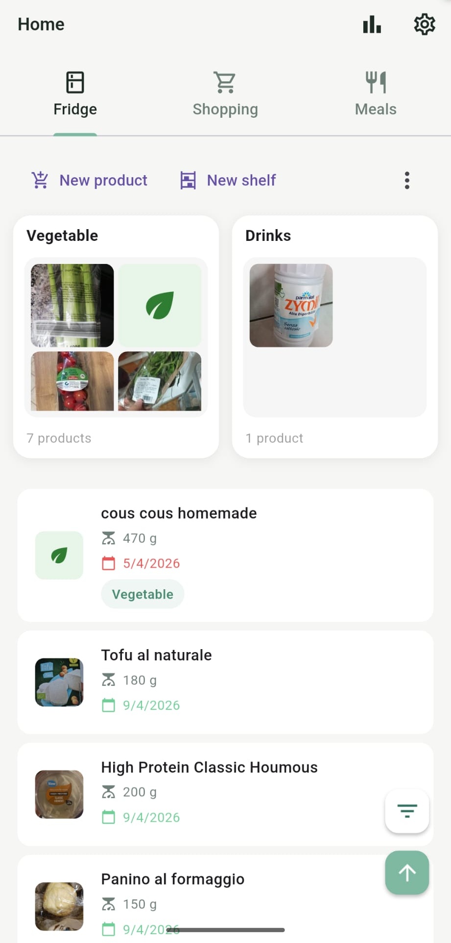 Fridge view showing shelves and expiry dates