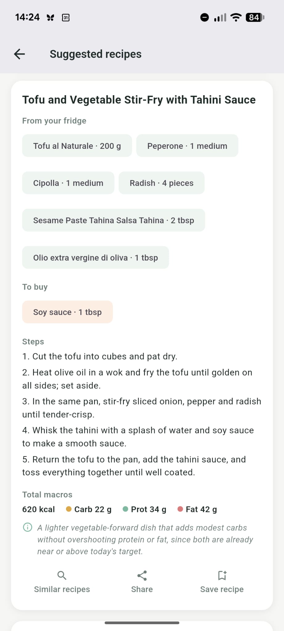 AI-generated recipe suggestion from fridge ingredients