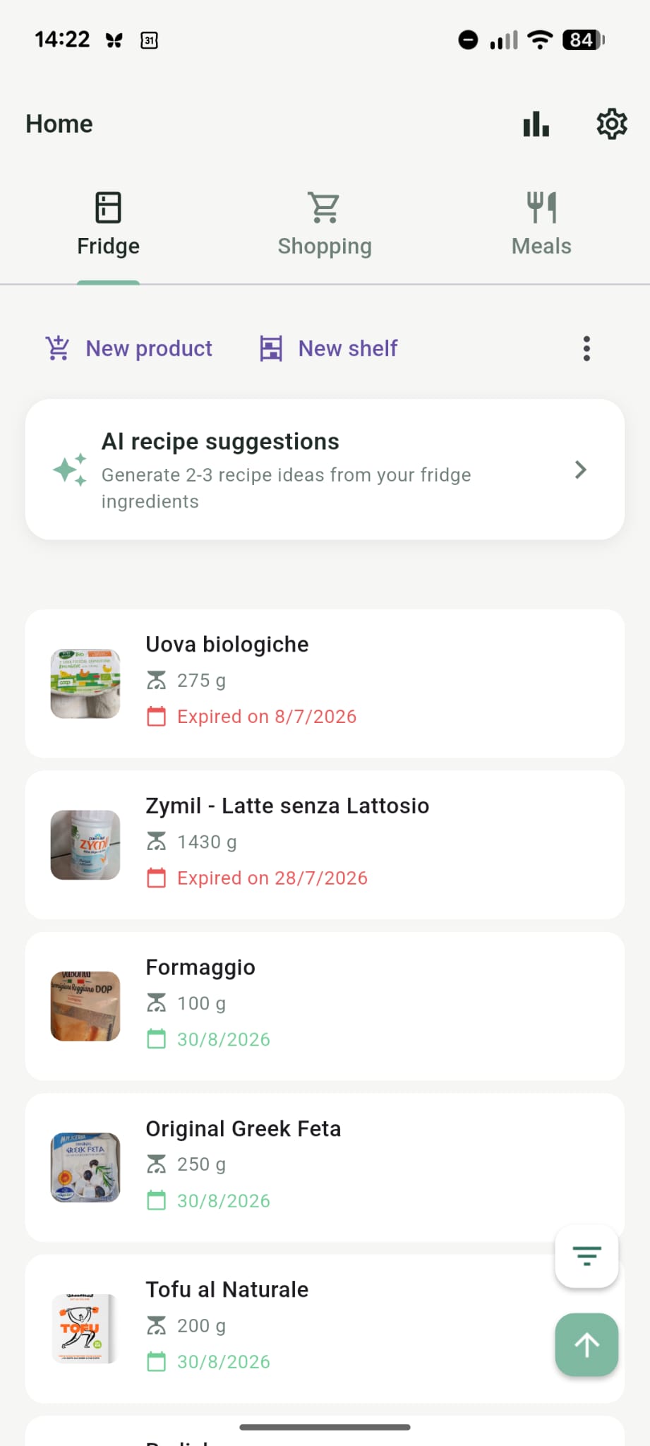 Fridge view showing shelves and expiry dates