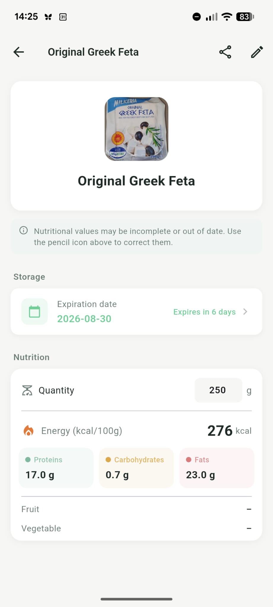 Product detail with full nutritional breakdown