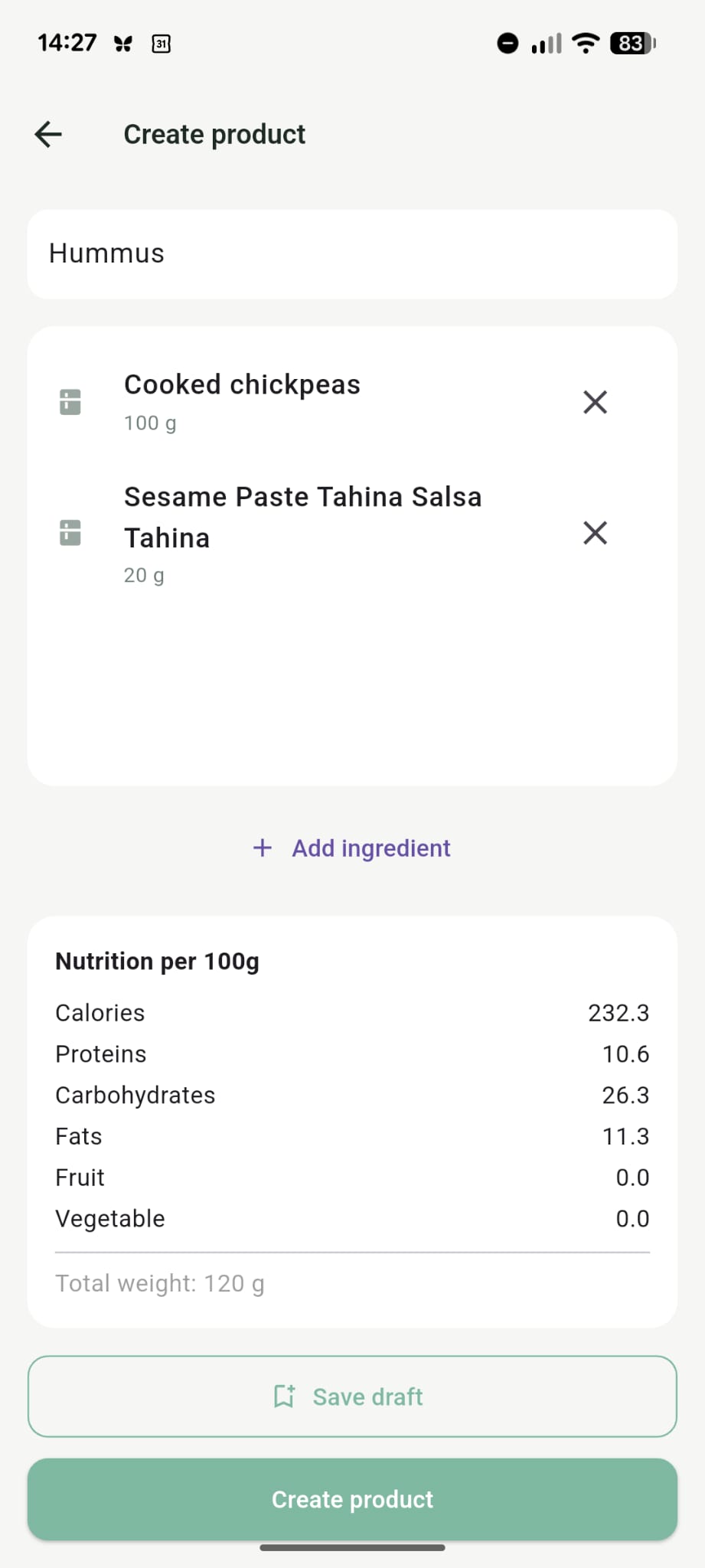 Building a custom recipe from ingredients