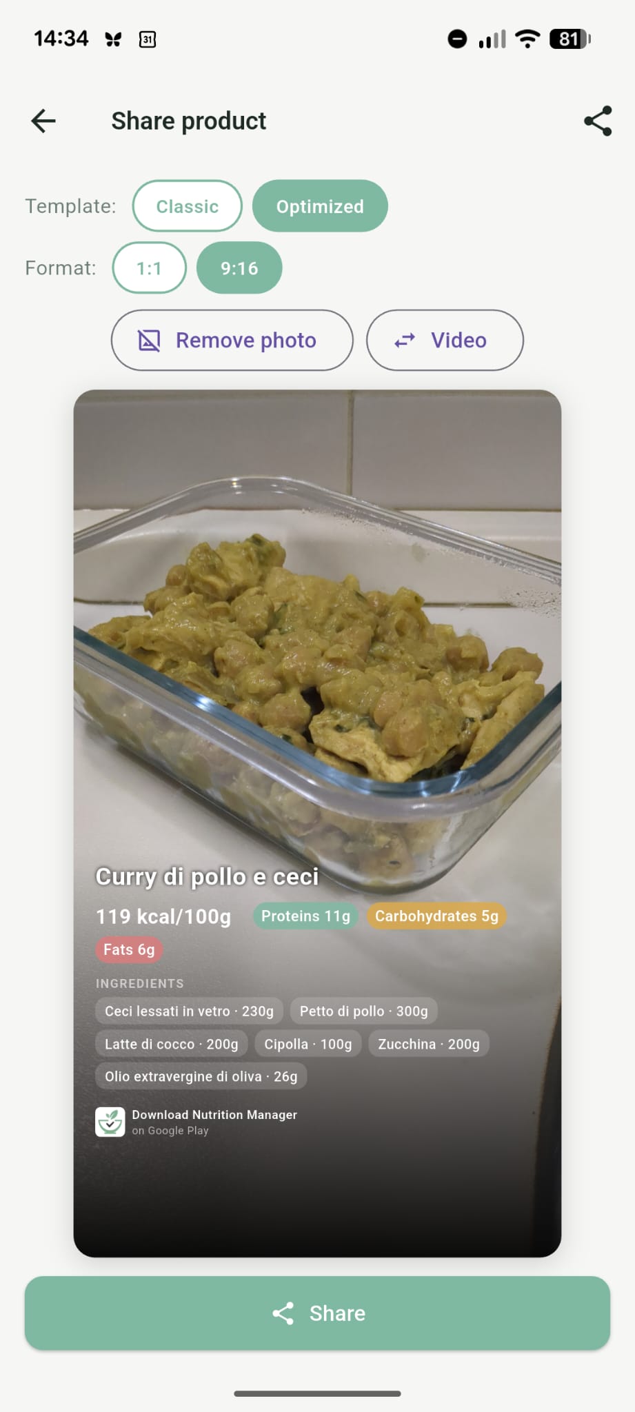 Shareable card with recipe ingredients and macros